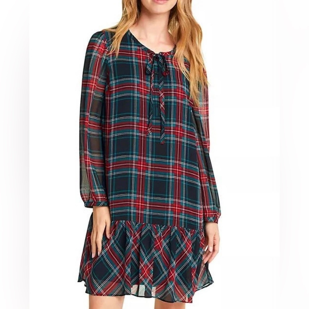 Draper James Plaid Drop Waist Dress XXL Red Blue Tie Neck Long Sleeve Lined